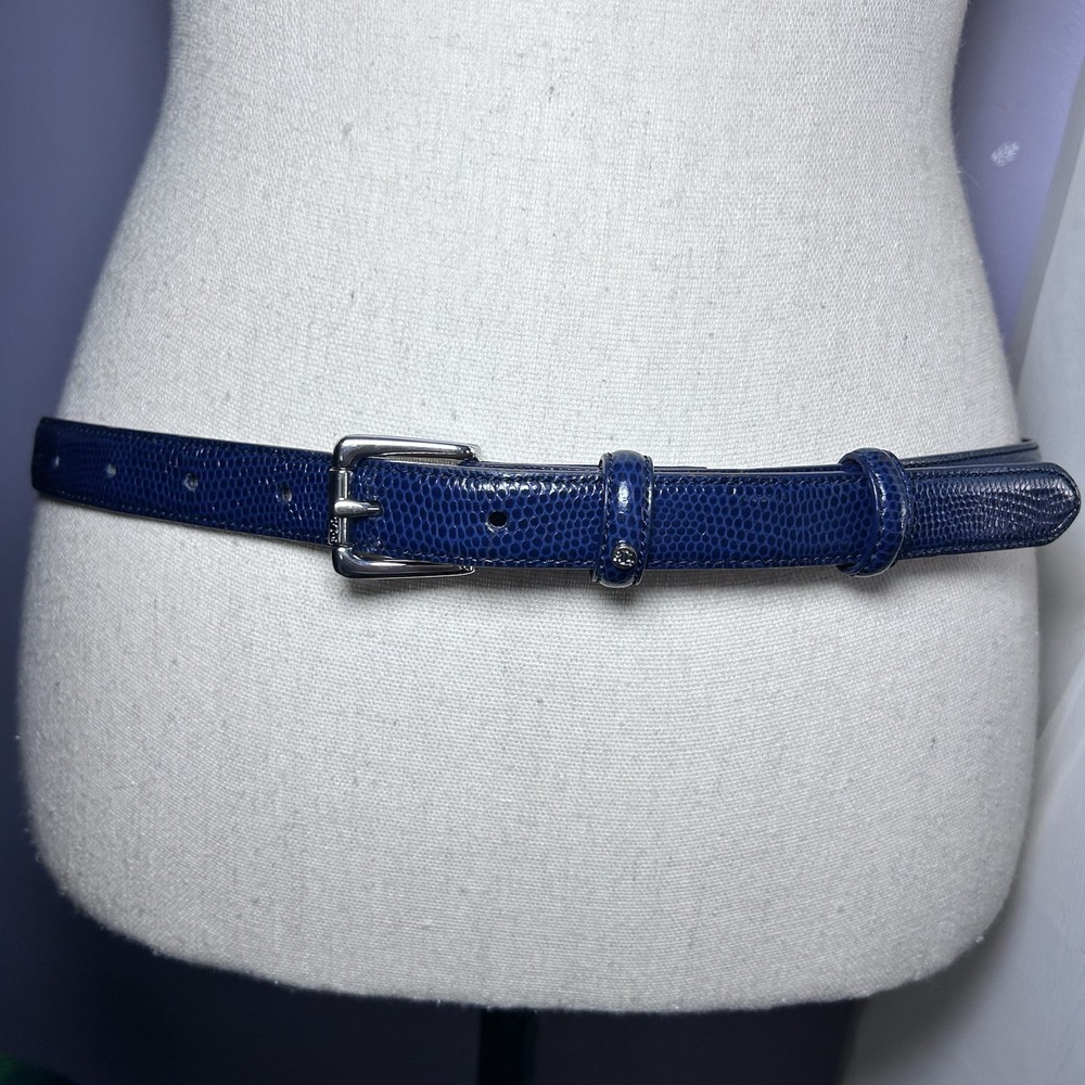 Lauren Ralph Lauren Women's Medium Blue Croc Embossed Leather Belt Skinny Silver